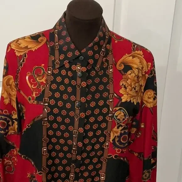 Talbots 100% Silk Red Black Equestrian Mobwife Button Down Shirt Top Size 12P - Picture 3 of 8